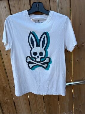 Psycho Bunny White Tee with Black & Teal Skull Bunny Graphic